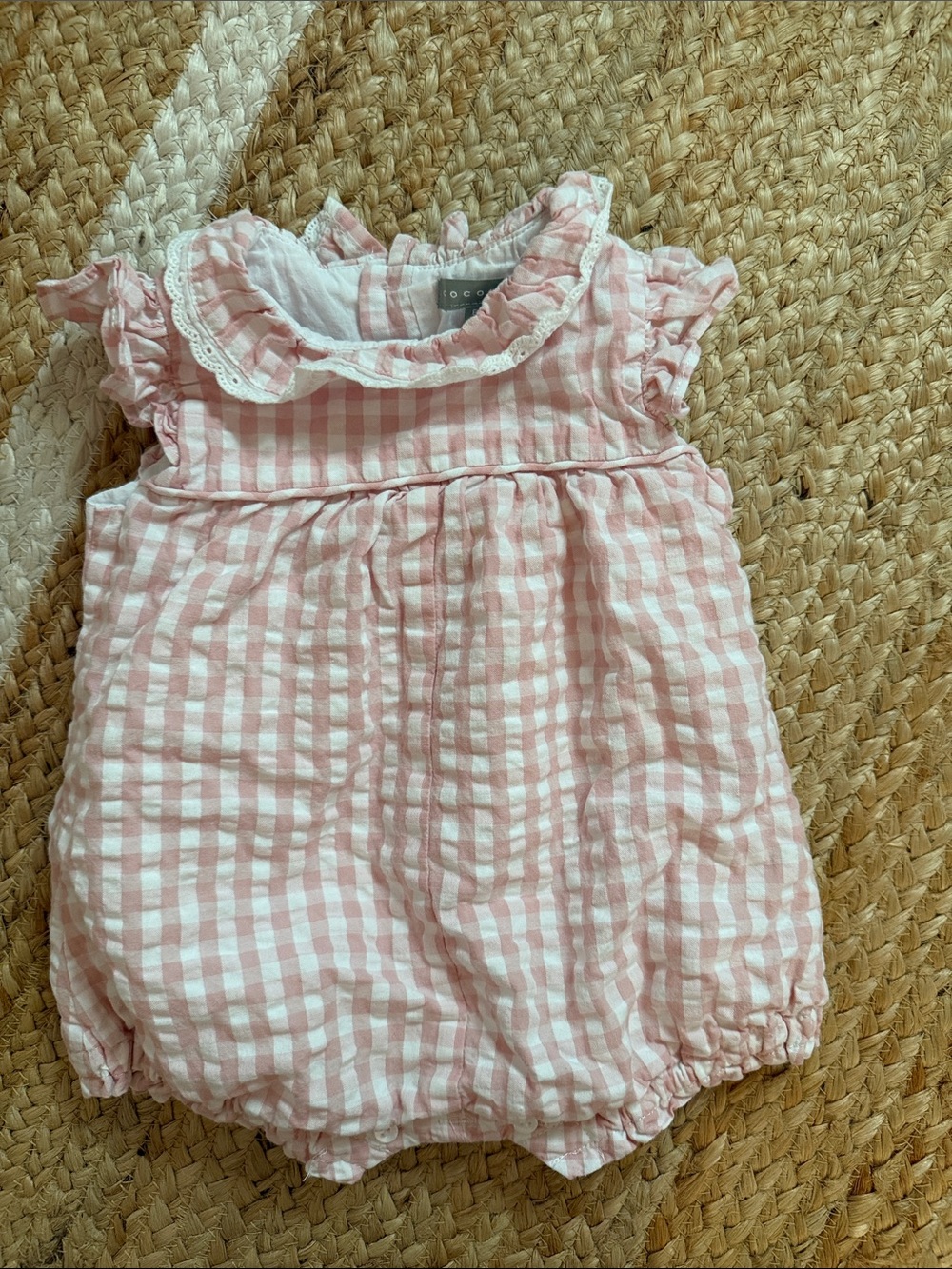 Coconuts by Matisse Pink and White Gingham Bubble Romper with Lace Collar